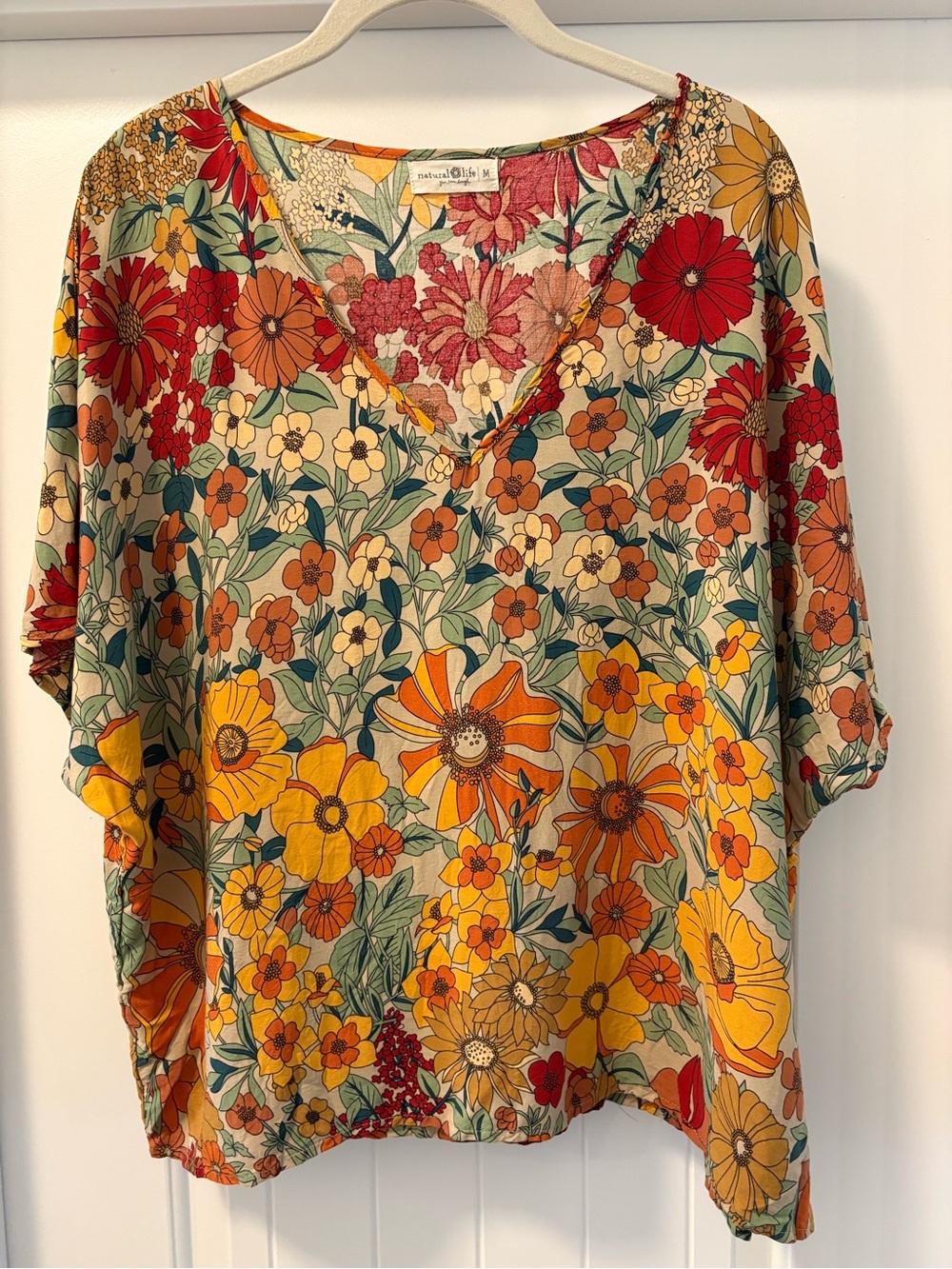 Natural Life Floral V-Neck Blouse Size Medium Oversized Bohemian Top - Picture 1 of 4